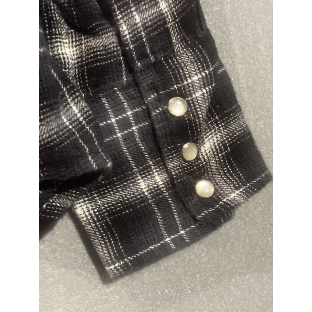 Wrangler Western Wrancher Pearl Snap Shirt Mens Med Plaid long sleeve Black Gray - Picture 10 of 11